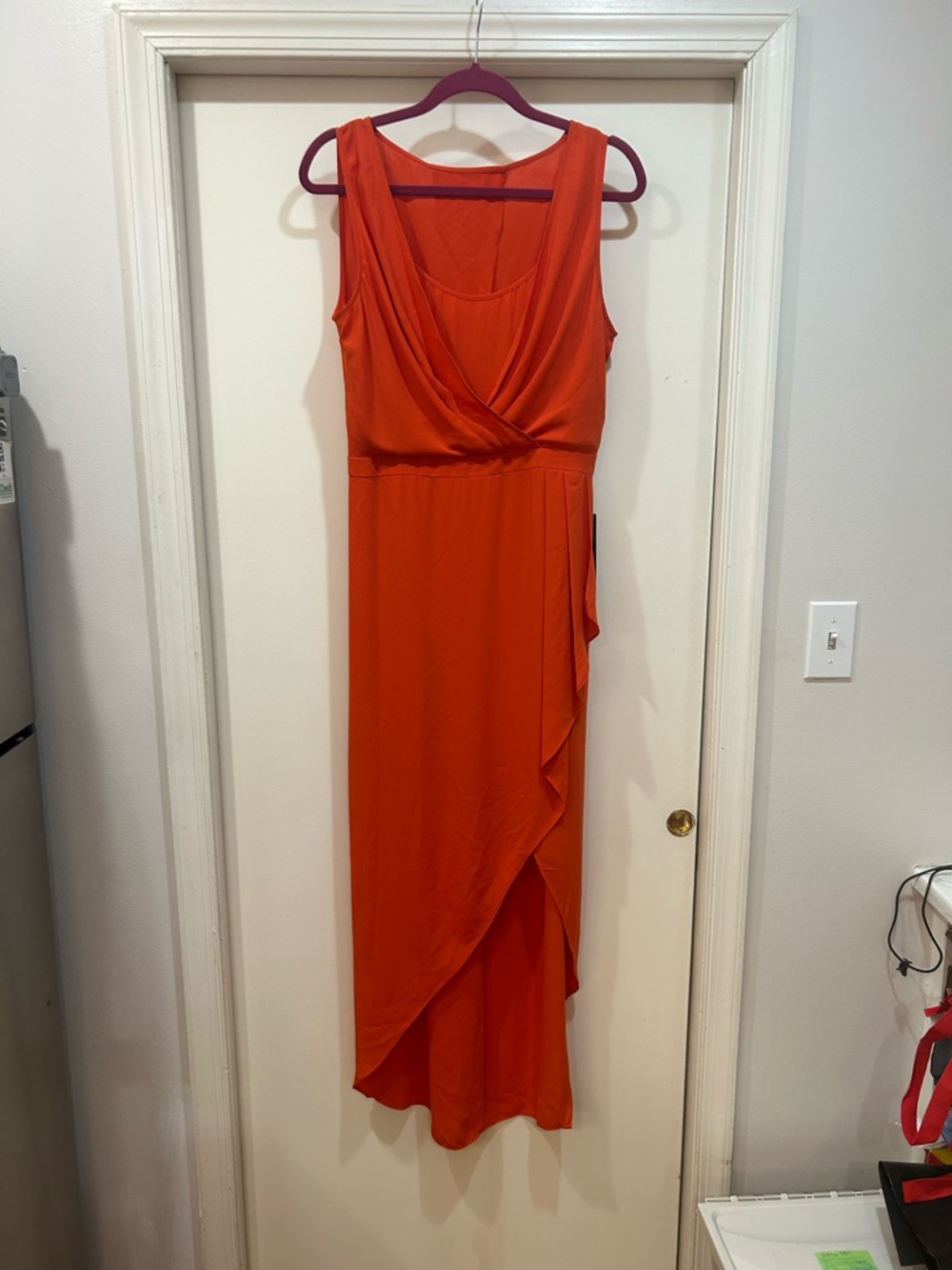 BCBGMaxAzria Red-Orange Sleeveless Draped High-Low Gown